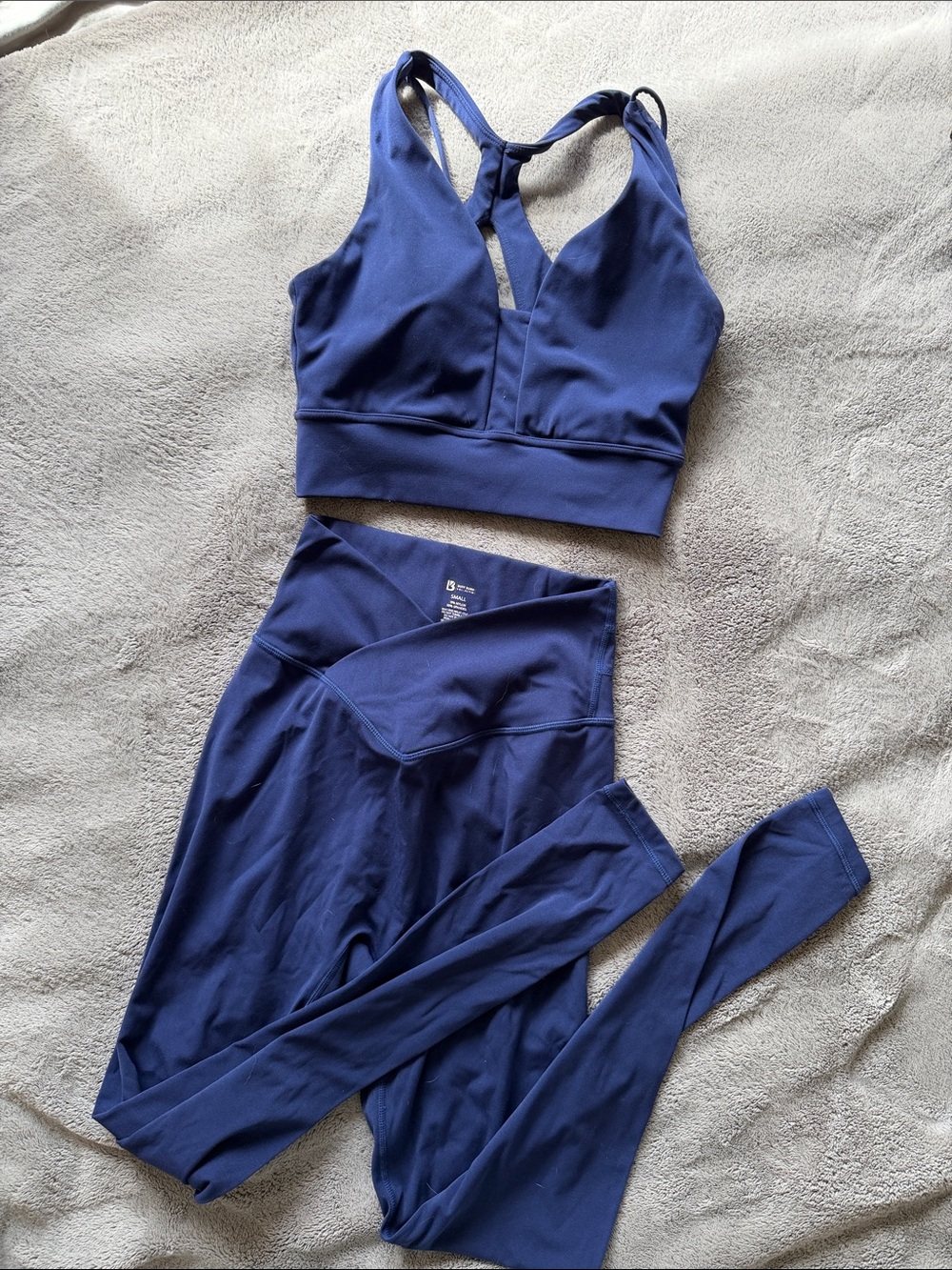 BuffBunny Deep Blue V-Neck Performance Sports Bra and High-Waist Leggings